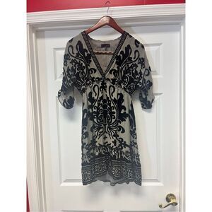 Hale Bob Gray Silk & Black Velvet Beaded V-Neck Hi-Lo Dress sz M